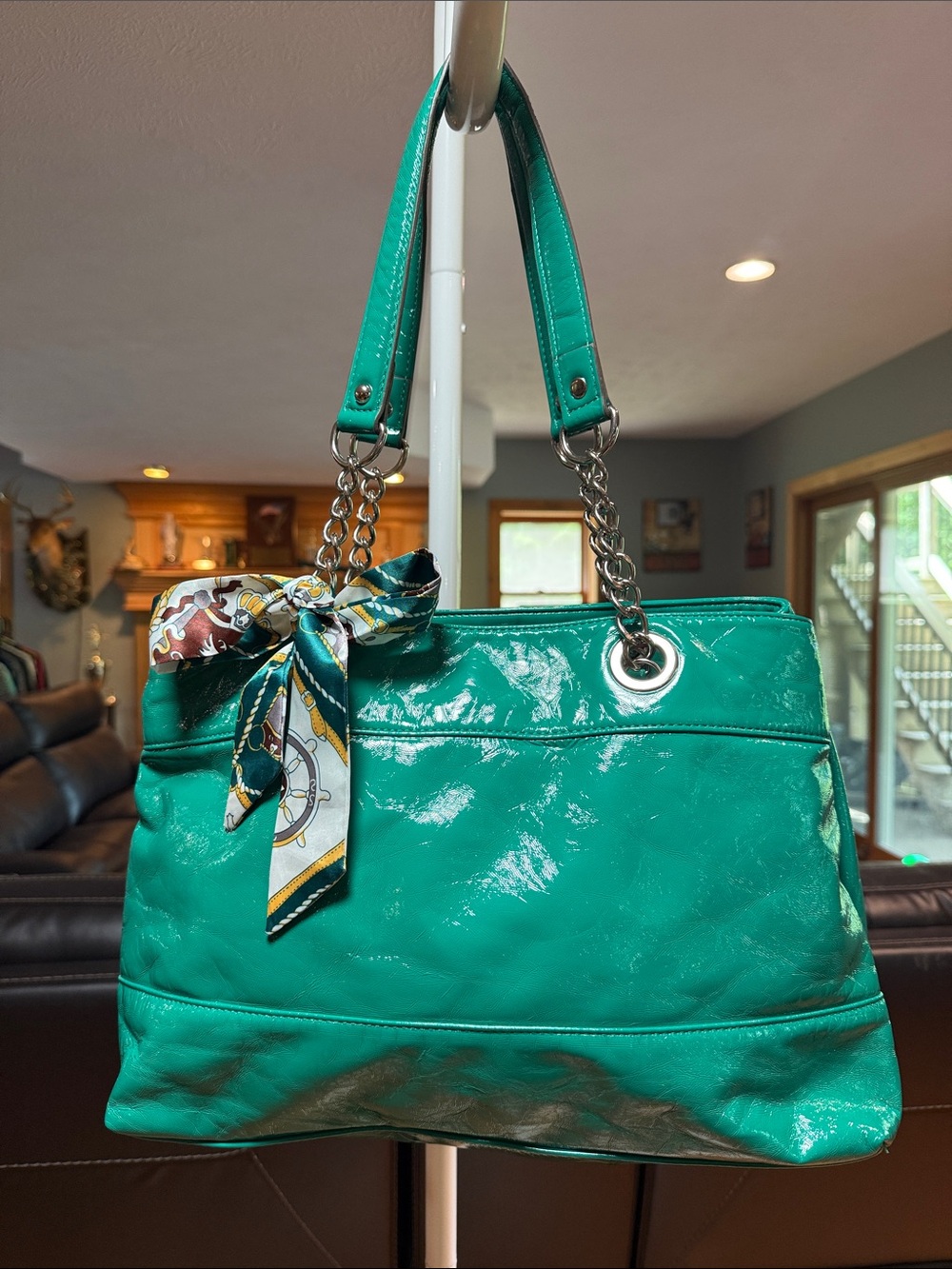 Kelly and Kate Shiny Teal Patent Shoulder Bag with Scarf Accent NWOT